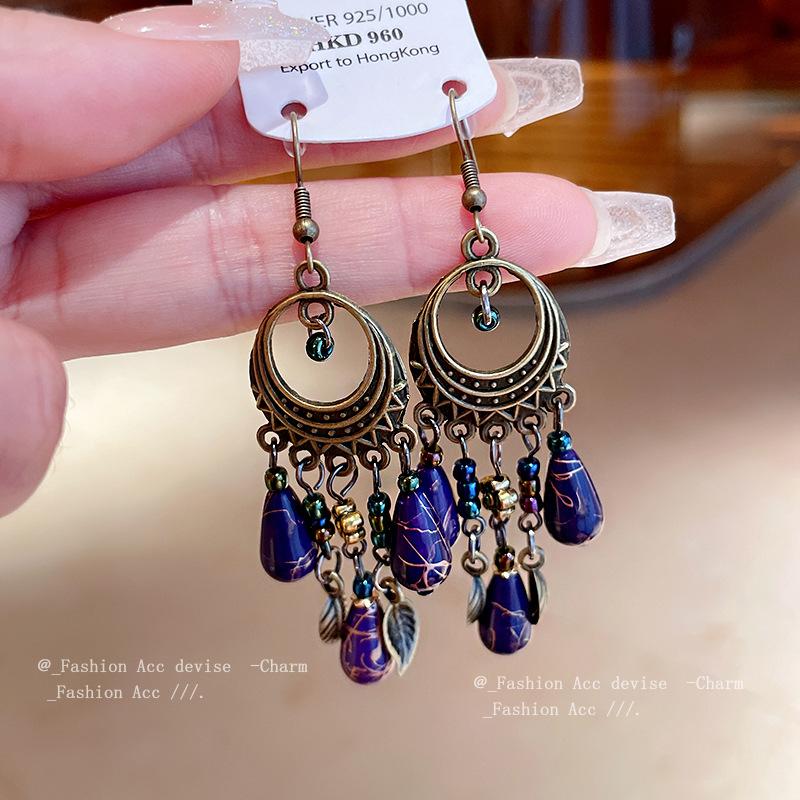 New Chinese water drop round earrings niche temperament design sense ear hook Guochao retro ethnic style high-end sense earrings