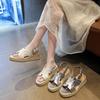 2025 Summer Fairy One-word Cool Slippers Summer Wear Straw Muffin Shoes Small Height Increase Thick-soled High-heeled Sandals