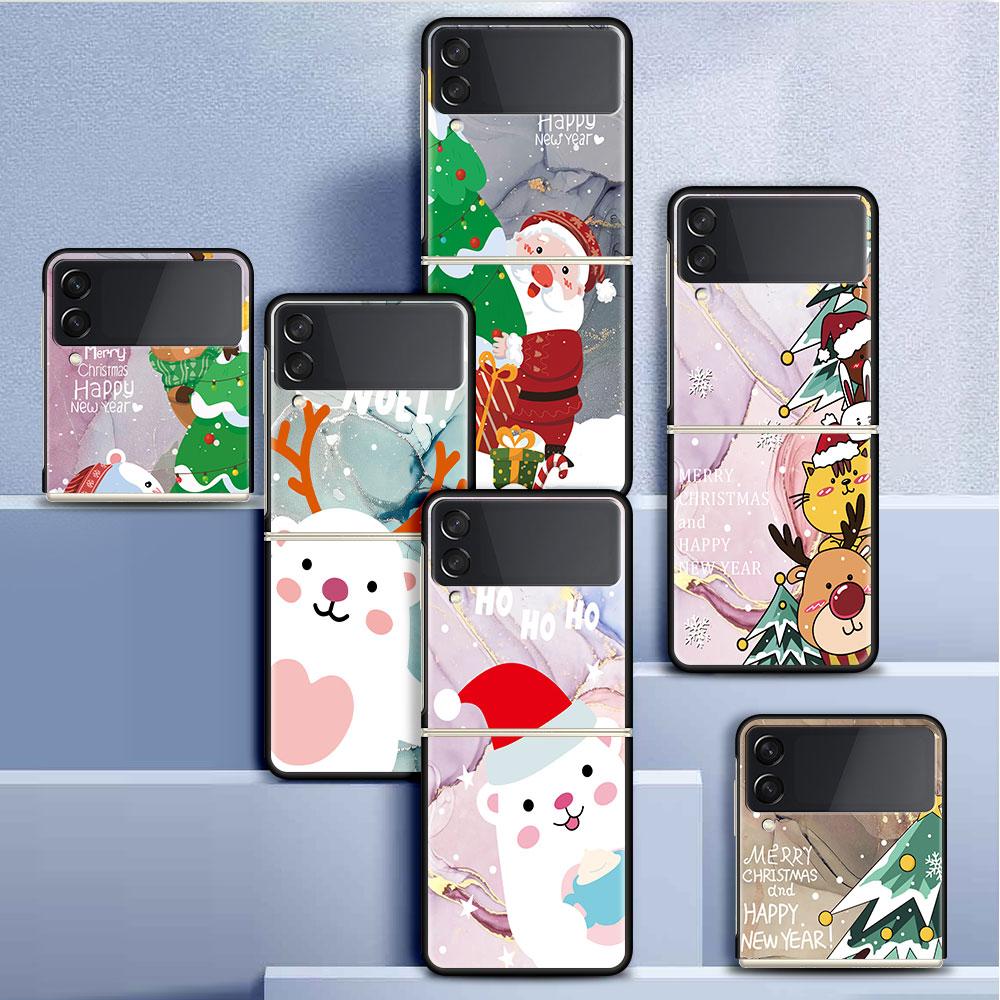 

Чехол для Samsung Galaxy Z Flip 3 4 5G, черный жесткий корпус для телефона из ПК Z Flip4, роскошный сегментированный чехол, мраморный, милый Санта-Снеговик Samsung Z Flip 3 5G