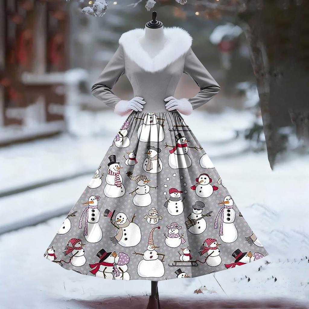 Women's Casual Dress Long-Sleeve V-Neck Patchwork Fleece Christmas Print Dress