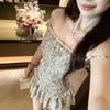 One-word Shoulder Retro Floral Sleeveless Dress Women's Summer Fungus Edge Slim Skirt Spice Girl Waist A-word Short Skirt