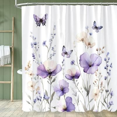 1Pc Plant Purple Floral Shower Curtain, Bathroom Decorative Shower Curtain, Printed Polyester Fabric Shower Curtain With Hooks