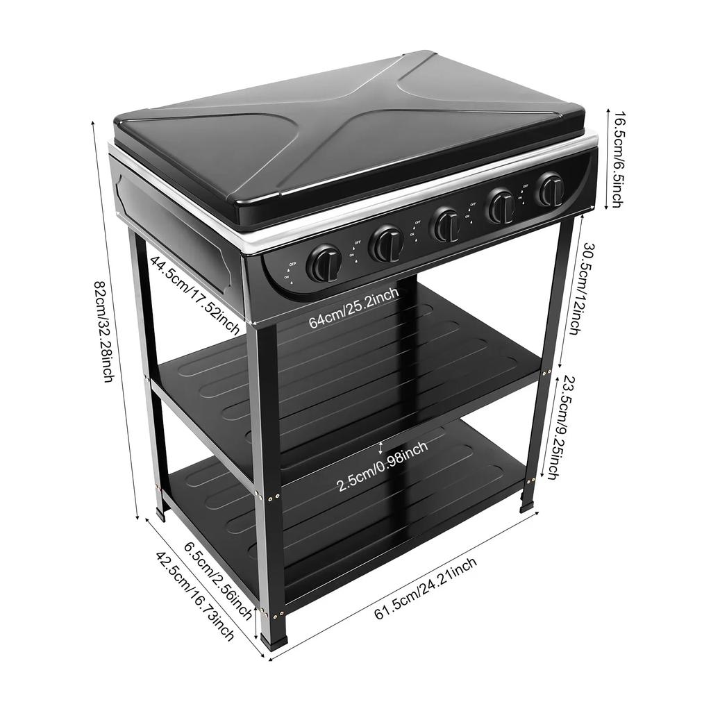 Fornello portatile a gas naturale da 2,5 kW con 5 fuochi, 2 griglie e paraventi, adatto per barbecue all'aperto, campeggio e viaggi in camper