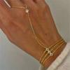Wasserdicht Trendig Edelstahl Dreischichtig Zirkonia Hand Finger Armband Gold Kette Armbänder Ring 2 in 1 Schmuck