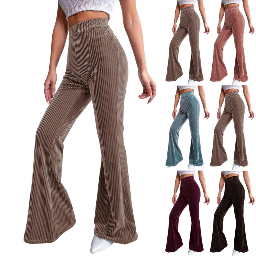 Womens Corduroy Flare Pants Casual Retro High Waisted Bell Bottom Trousers With Pockets