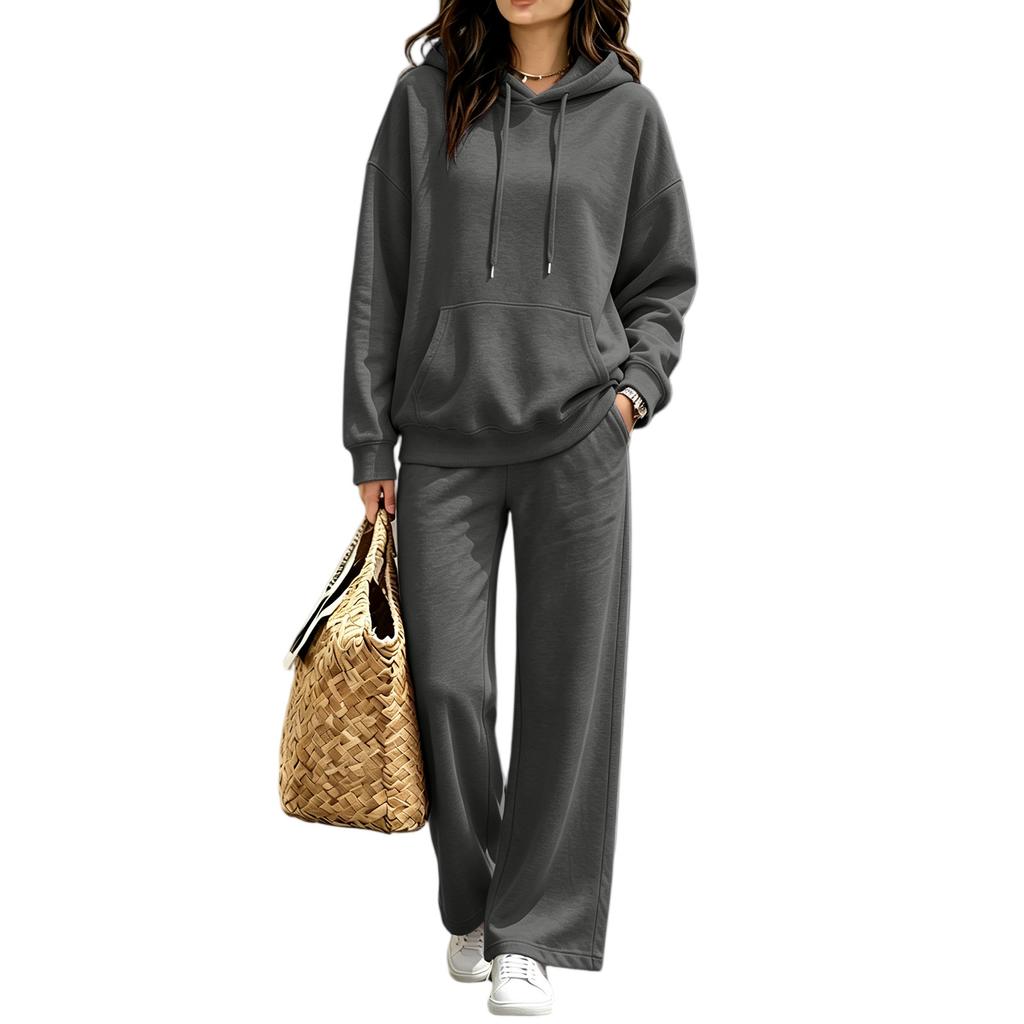 Women's Casual Hooded Sweatshirt and Pants Set with Pockets for Fall and Winter