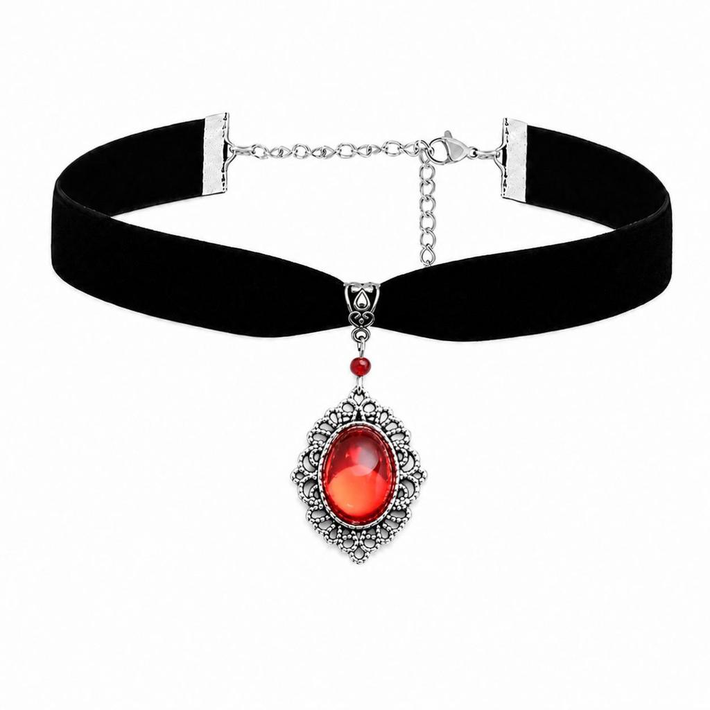 Victorian Gothic Silver Filigree Pendant Necklace with Red and Black Crystal Glass Velvet
