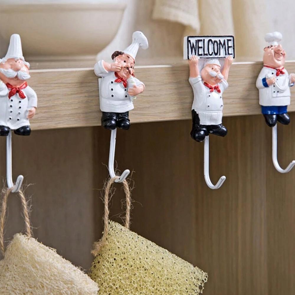 French Chef Wall Hooks Cartoon Chef Wall Mount Resin Stainless Steel Hanger Hook Kitchen Bathroom Home Decoration
