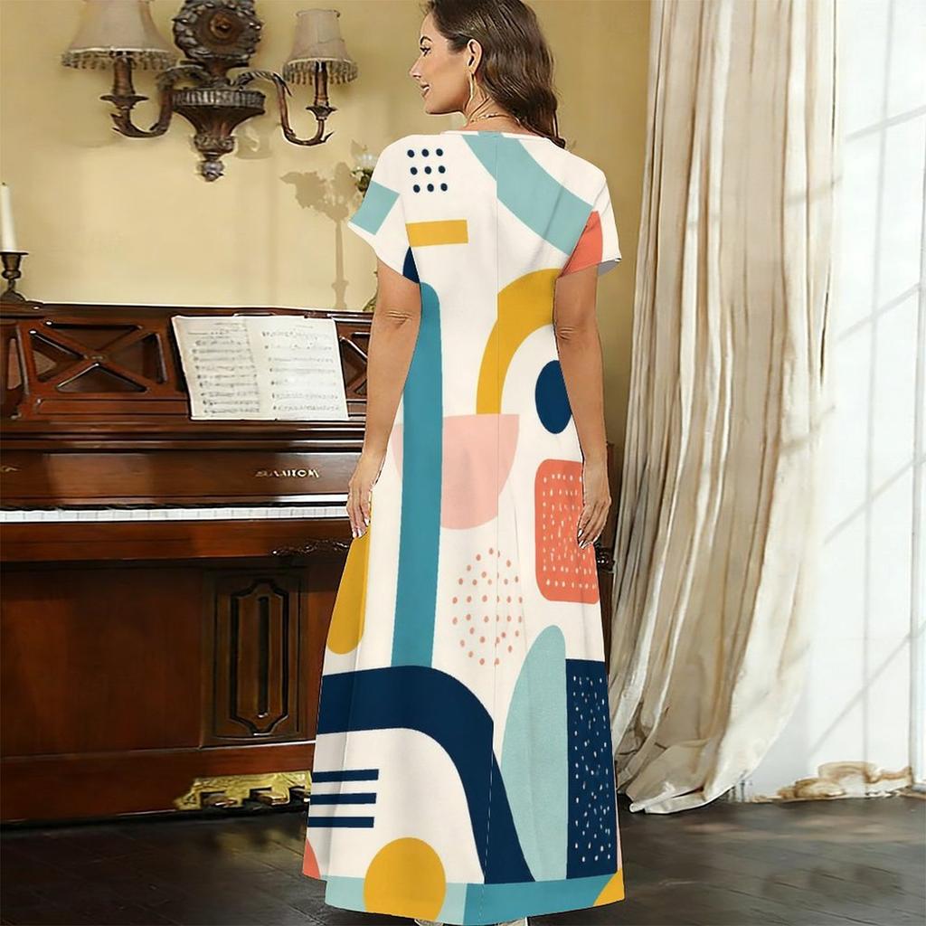 Women Plus Size V Neck Short Sleeve Geometric Printed Straight Maxi Dress