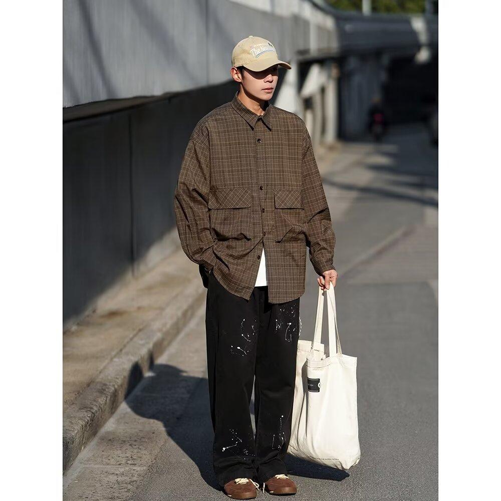 Japanese-Style Retro Large Pocket Plaid Long-Sleeved Shirt Men and Women Vintage Multi-Pocket Couple Contrast Color Shirt Coat