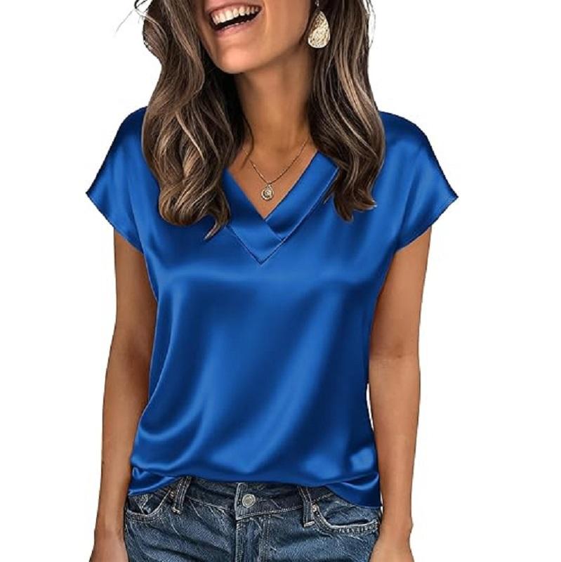 Women Summer T-shirts V-neck Short Sleeve Satin Tee Tops Ladies Casual Top Shirt