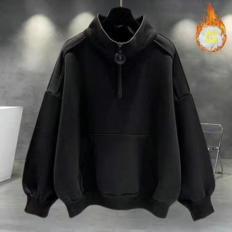 Men's Fleece-Lined Half-Zip Sweatshirt: Trendy Hong Kong Style, Thickened, Half-High Neck, Long Sleeve, with Loose Fit