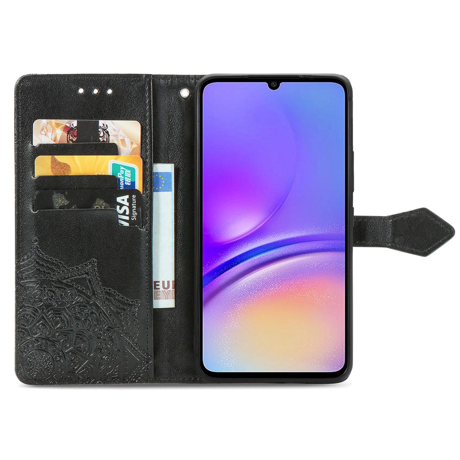 

For Samsung Galaxy A06 4G Case Mandala Embossed Design Leather Wallet Phone Cover Black