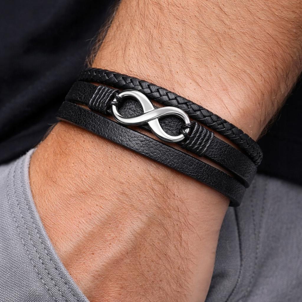 Men' Leather Bracelet Black Braided THICK Gift