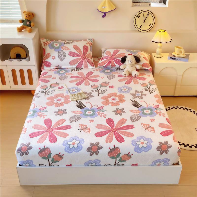 1pc Flannel Fleece Bed Sheet Flower Printed Thick Warm Bed Sheets for Winter Single/Queen/King Soft Plush Bed Sheet drap de lit