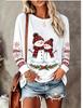 T-shirt da donna a maniche lunghe Cappello a scacchi di bufalo natalizio Sciarpa Pupazzo di neve Ghirlanda Polsino colorato Stampa fiocco di neve Girocollo Top casual