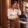 Women's Elegant Satin Long Sleeve V-Neck Blouse Cross Front Shirt Top for and Casual Wear