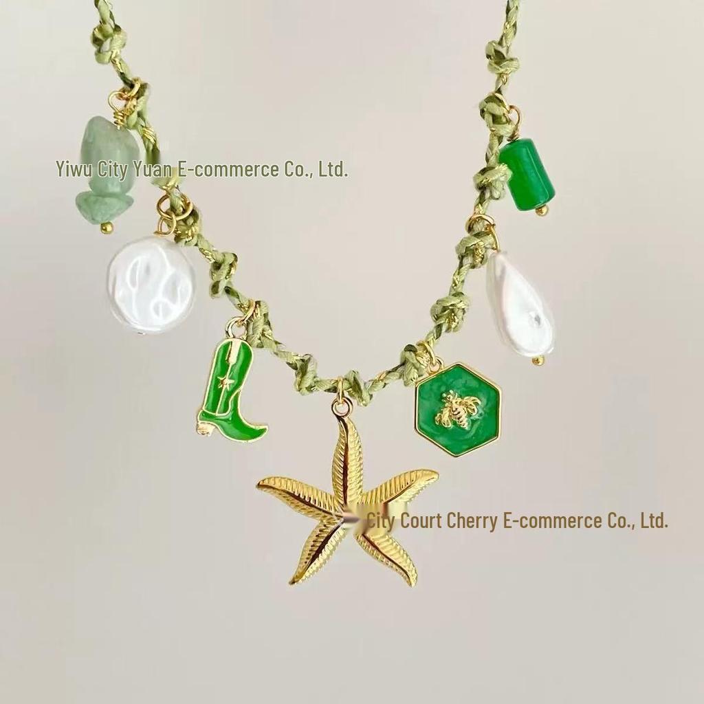 Summer Sea Breeze Starfish & Seashell Heart Pendant Rope Necklace