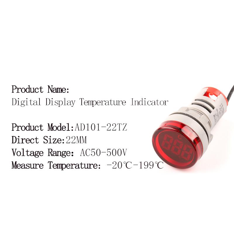 22mm Round Square LED Digital Thermometer Signal Lights Temperature Meter Detector Sensor -20-199 Celsius 50-500V AC