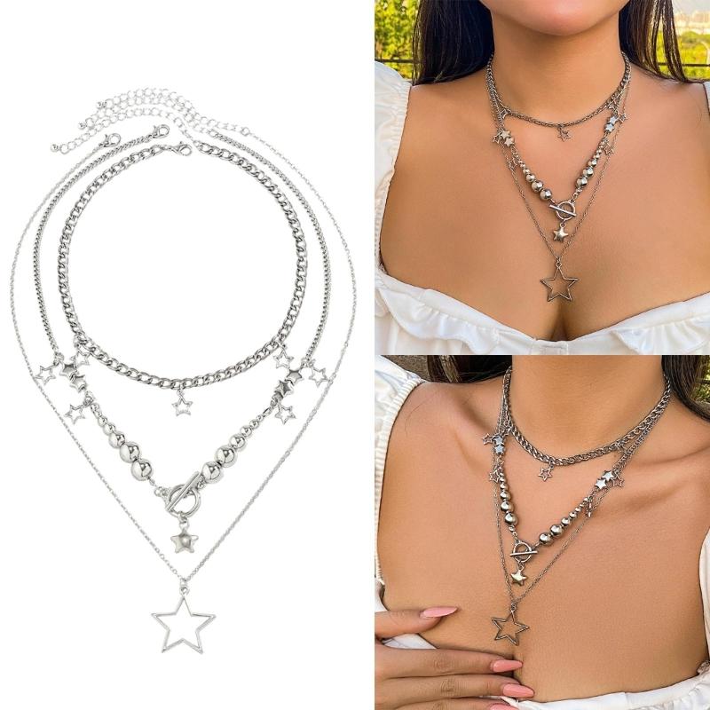 3Pieces Star Fringe Necklace Hip Hop Round Bead Choker Multilayer Clavicle Chain Y2K Jewelry OT Buckle Necklace Party
