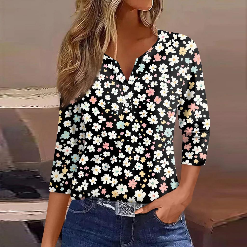 Dámské tričko s potiskem, knoflíky, 3/4 rukávy, pro každý den, na víkend, módní, základní, s výstřihem do V, běžný top