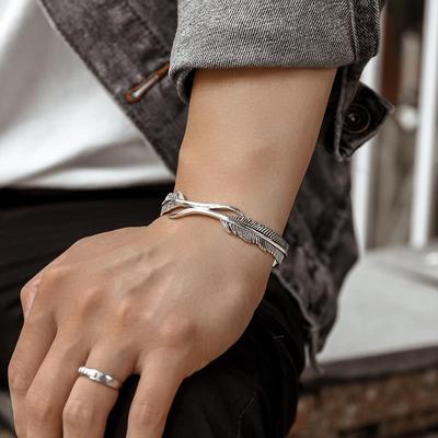 Open Adjustable Tibetan Silver Bangle Feather Shape Cuff Bracelet for Men Women Classic Jewelry Gift Accessories Bangles