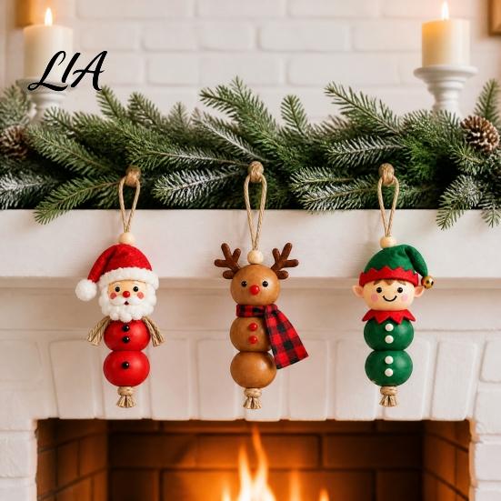 Wooden Bead Craft Kit Christmas Ornament DIY Kit, Make 4 Beaded Pendants, Wood Kits for Holidays Handmade Holiday Hanging Decorations Tree Mantel
