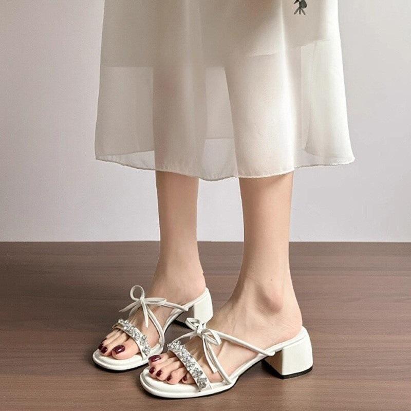 2025 Shiny Silver High Heel Sandals Women's Outdoor Wear French Open Toe Fairy Style Thick Heel Slippers Round Toe Polyurethane