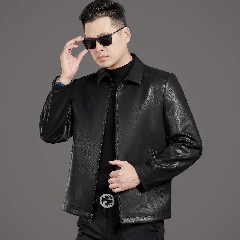 Jarní a podzimní nová kožená pánská bunda z ovčí kůže, business bunda s klopami z měkké kůže pro tatínky středního věku