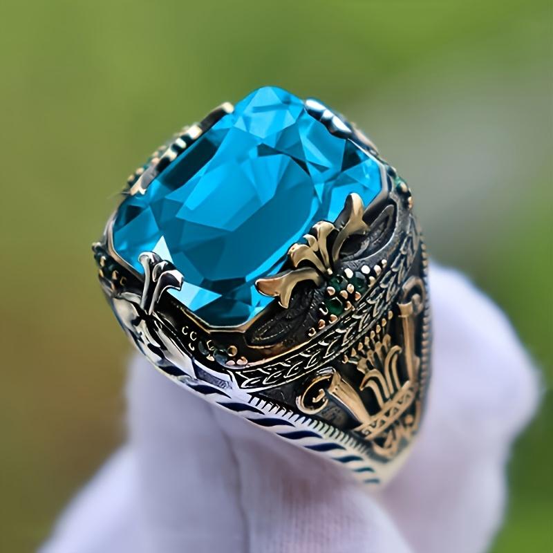 Vintage Style Engraved Multi-Faceted Gemstone Men's Ring The Colorful Metal Ring with Engraved Patterns Shines Brilliantly As It Rotates