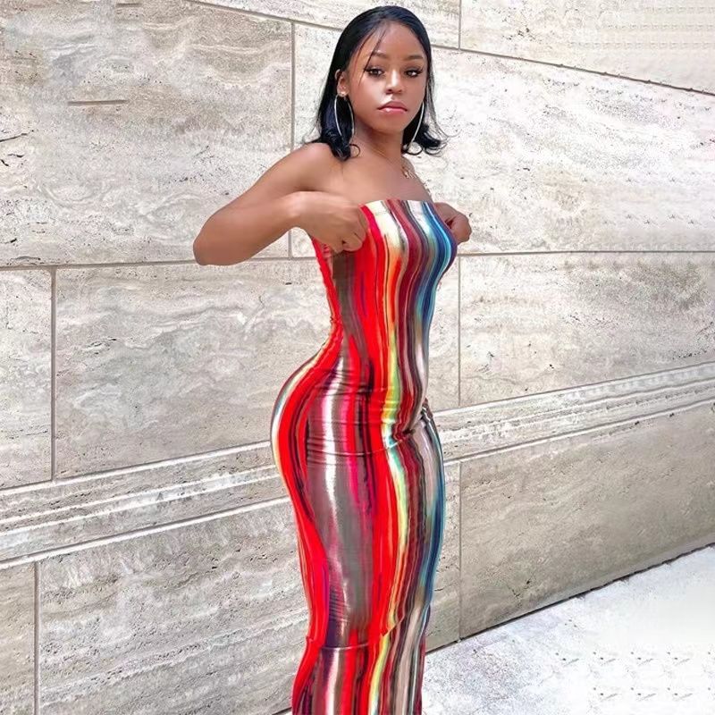 

European American Summer New off-Neck Color Stripes Print Silm Stretch Tube Top Dress Long Dress for Women Dress Red XL