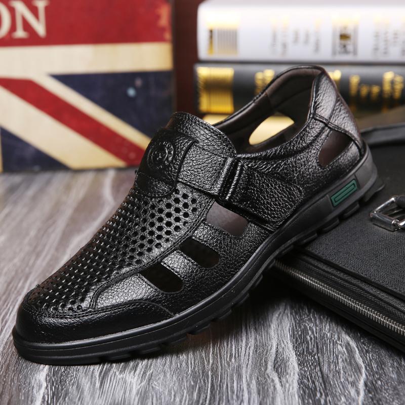 Breathable Cool Outdoors Non-slip Mature Men Genuine Leather Sandals Soft Sole Shoes Comfort Lightweight Large Size Roman Shoes