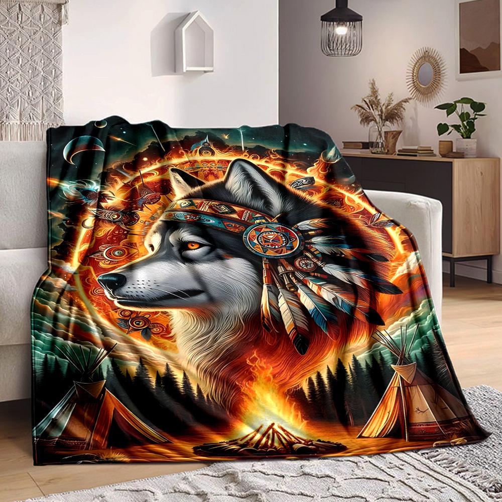 1PC Wolf Spirit Print Blanket, Soft Throw Blanket - Warm & Cozy for Couch, Bed, Office, and Travel Yy250912182