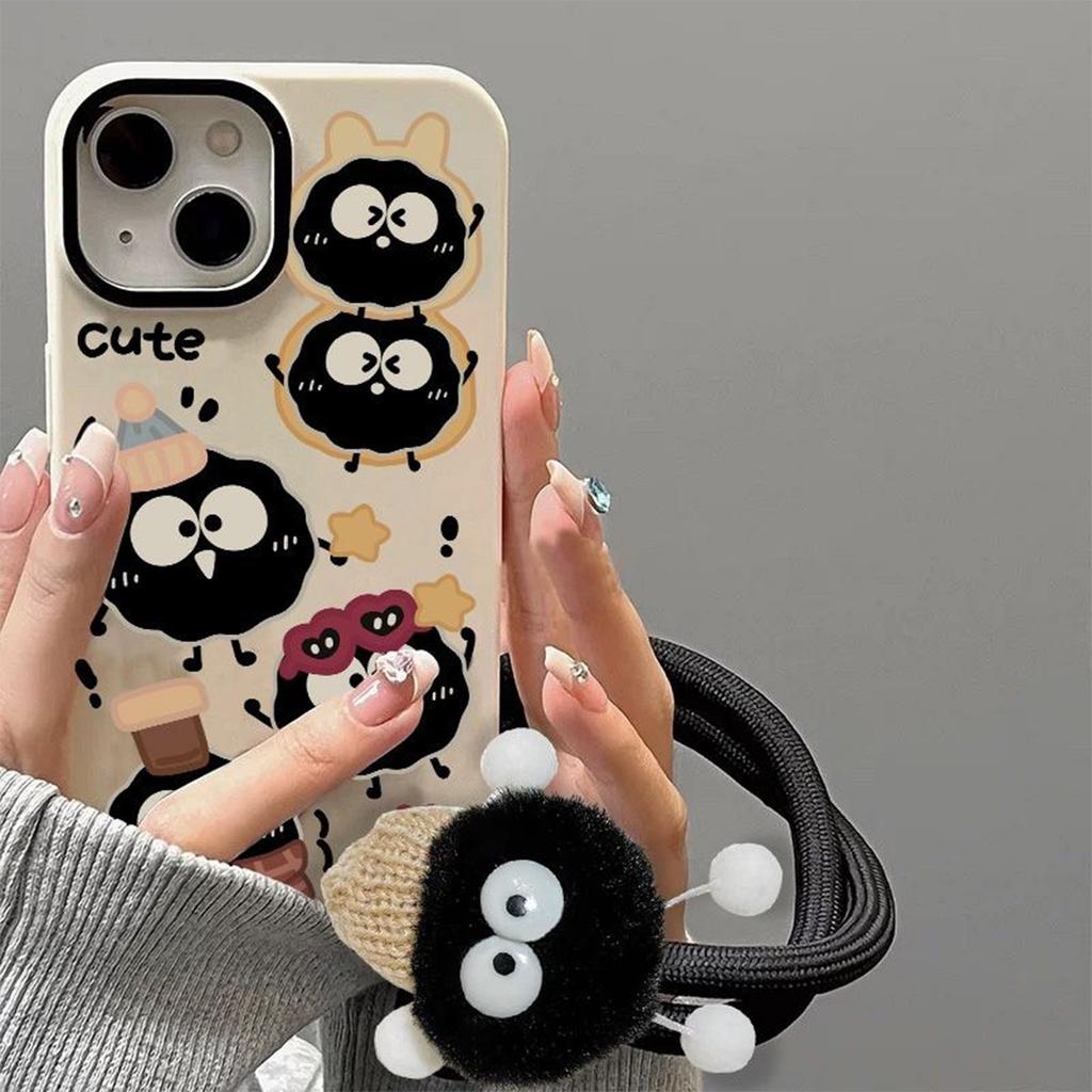 Lanyard Card Holder Mobile Phone Case Black Briquettes for Apple 17PROMAX Small Fresh Ins Cartoon Lanyard Mobile Phone Case