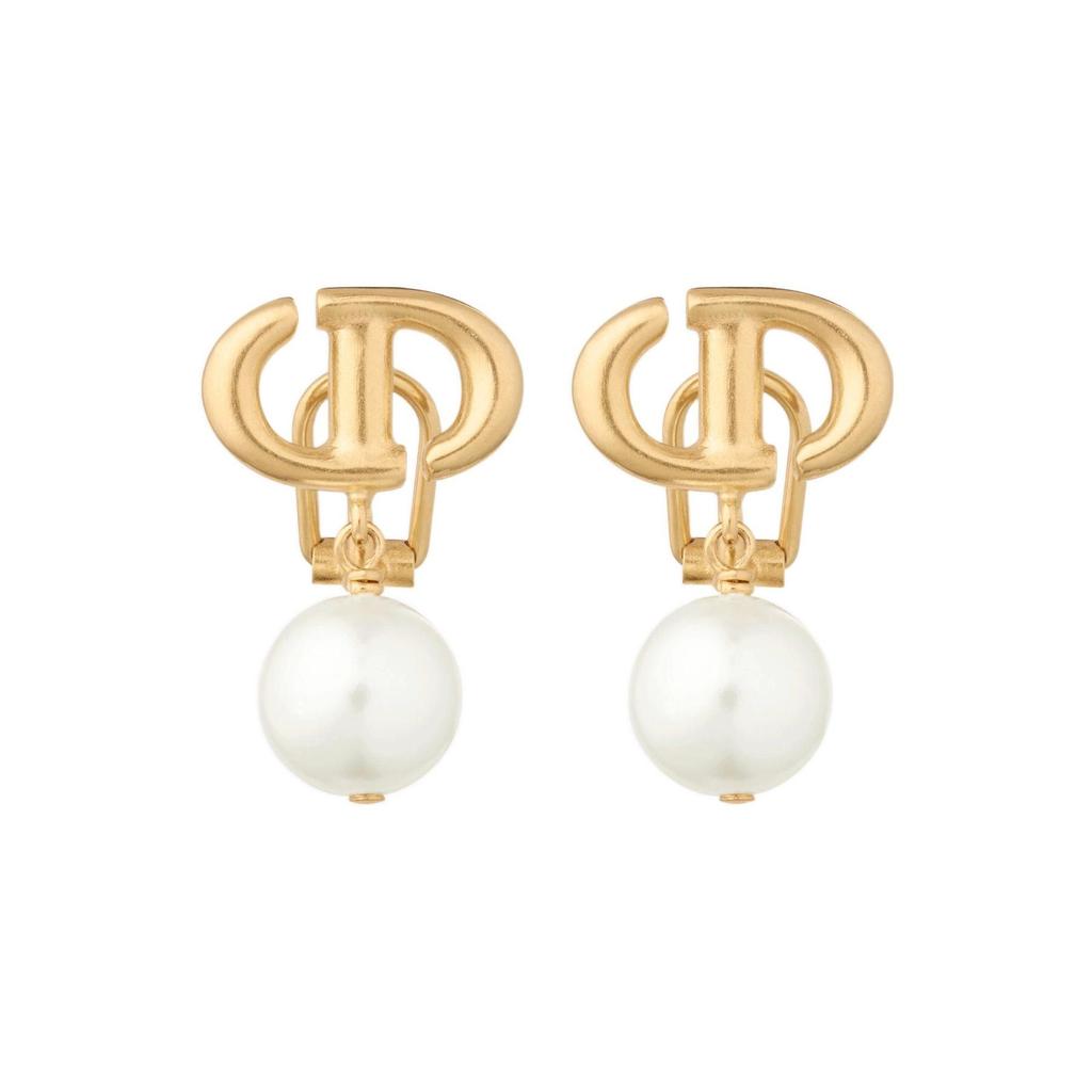 Dior Cd Navy Clip Earrings Gold Plated Metal And White Resin Beads Women earrings E1876CDNRS-D301