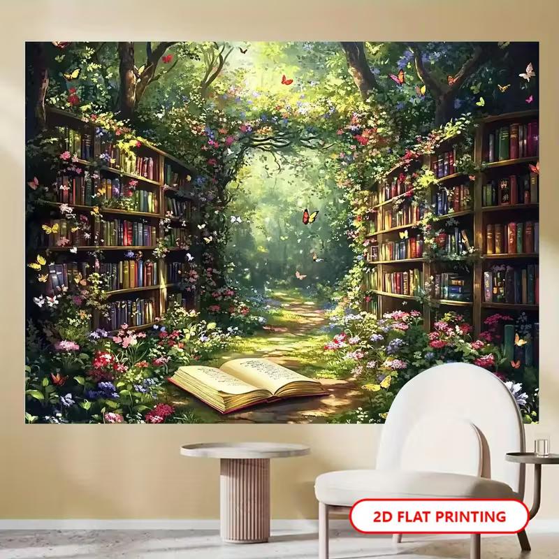 2D Enchanted Book Forest Wall Tapestry, Fairy Tale Library Scene Backdrop for Living Room