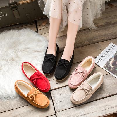 Women's Winter Warm Flat Soft Sole Fleece Lined Moccasins Ladies Casual Slip-on Bowknot Cotton Shoes