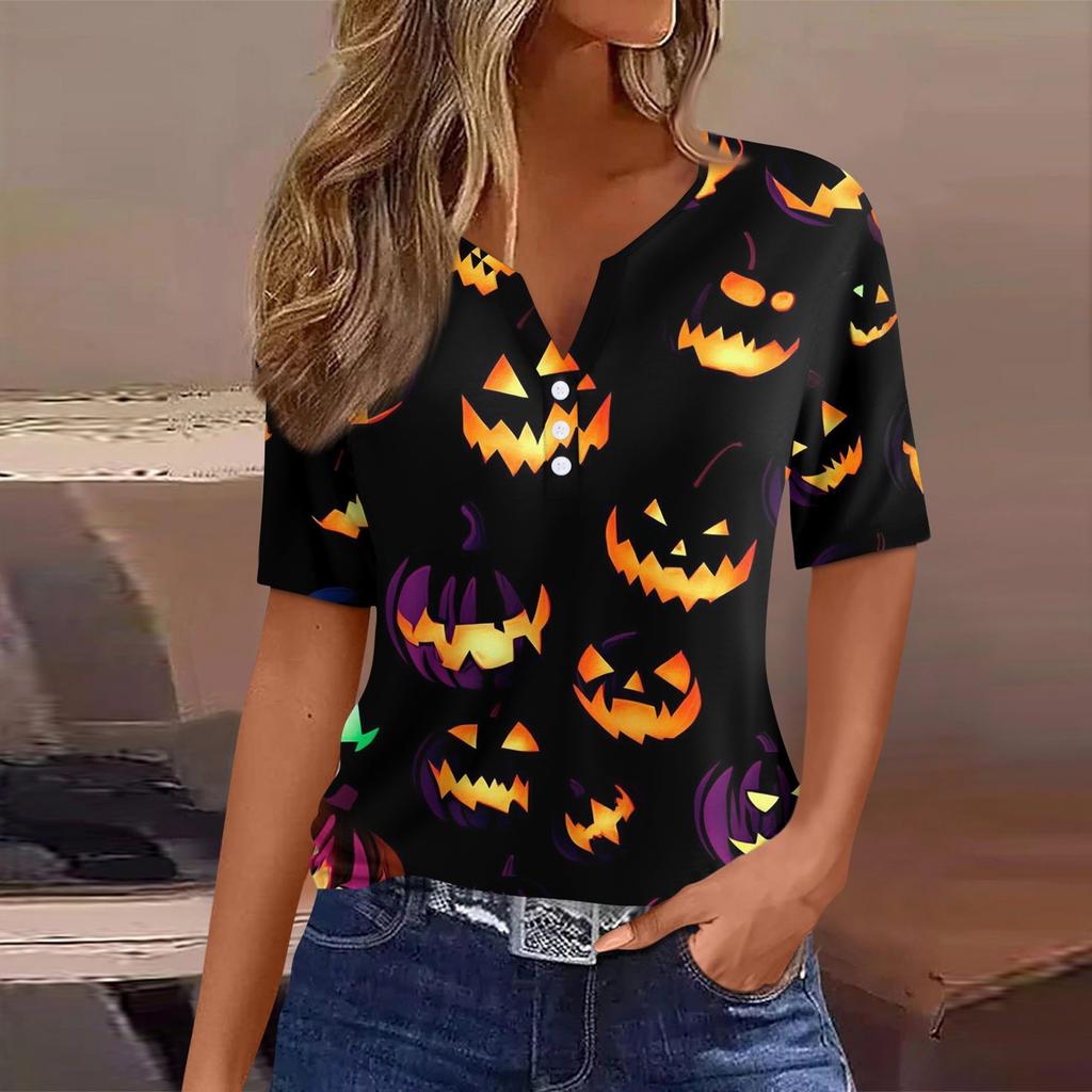Women's T Shirt Tee Halloween Printed Button Short Sleeve Tunic Daily Weekend Fashion Basic V- Neck Regular Top