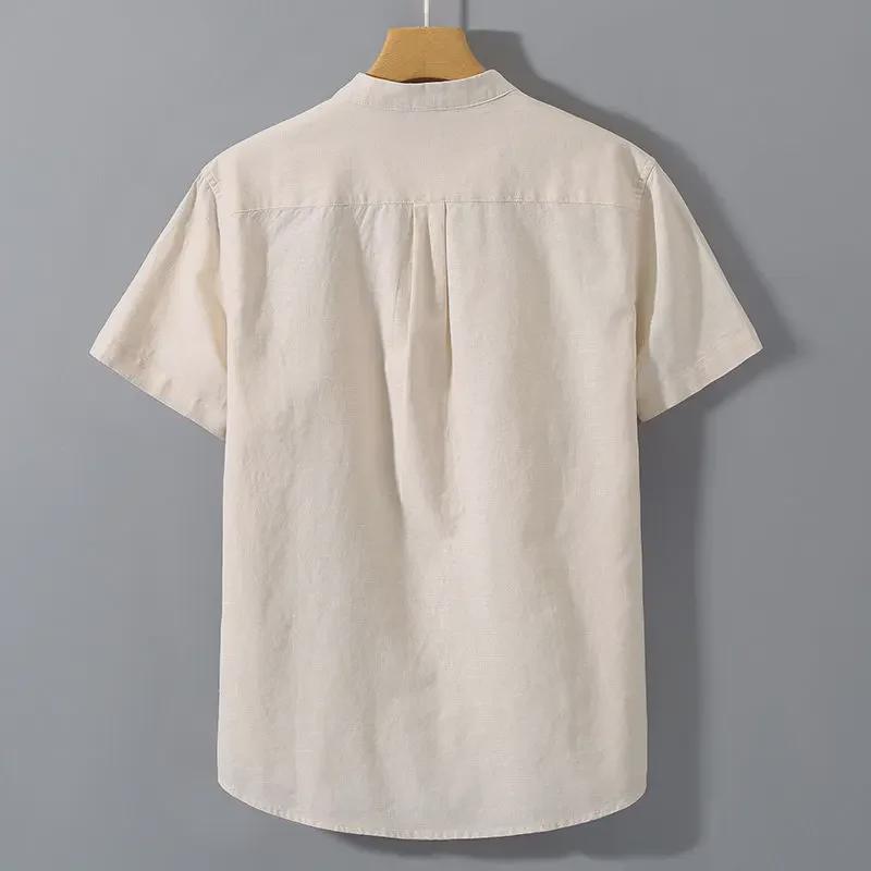 Men's Summer Cotton Linen Short Sleeve Shirt - Solid Color Casual Stand Collar Top