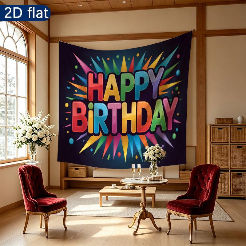 Balloons and Cake Happy Birthday Party Banner, Colorful Polyester Backdrop for Celebration & Photos