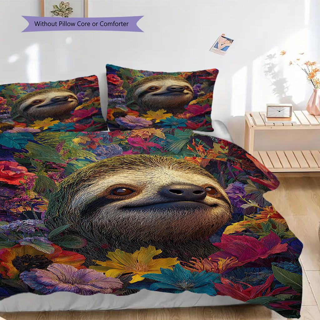 Sloth Pattern Bedding Quilt Set Quilt Cover Pillowcase Home Decoration Birthday Gift (1 * Duvet Cover + 2 * Pillowcase, Without Core)