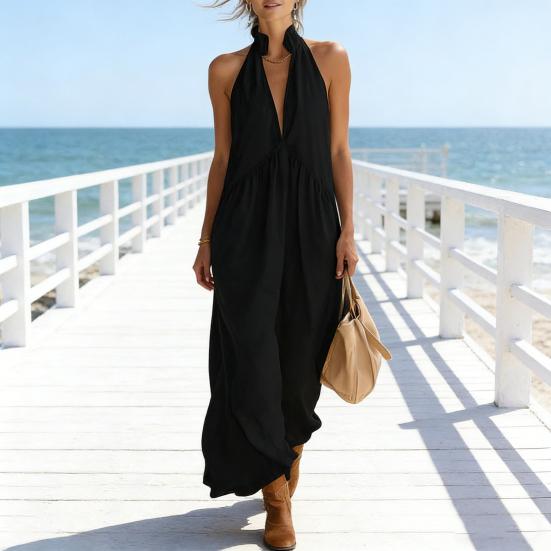 Maxikleid für Damen Lässig Locker V-Ausschnitt Ärmellos Boho Langkleid Strandurlaub Fließendes Sommerkleid mit Taschen