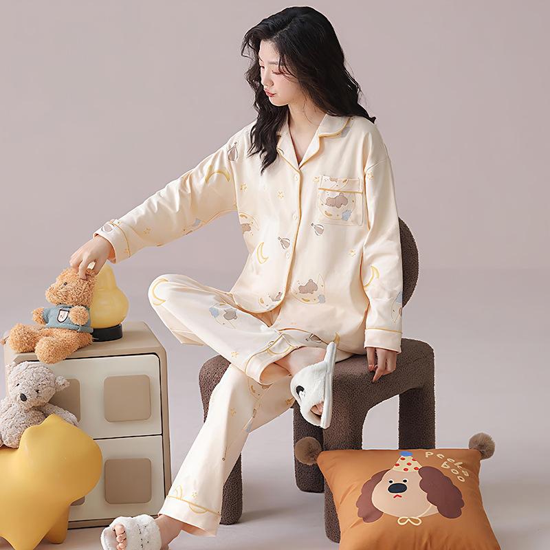 Korean version of simple cartoon moon bear long-sleeved pajamas women's spring and autumn casual cardigan set women's large-size loungewear