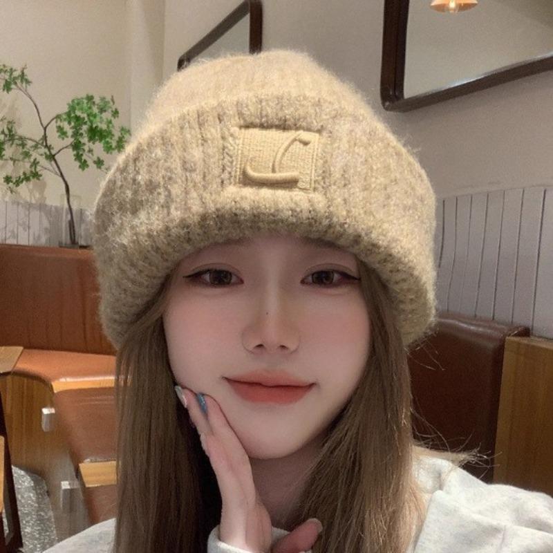 Big head circumference thick wool hat women's autumn and winter loose warm pile cold hat big face small knitted ear hat