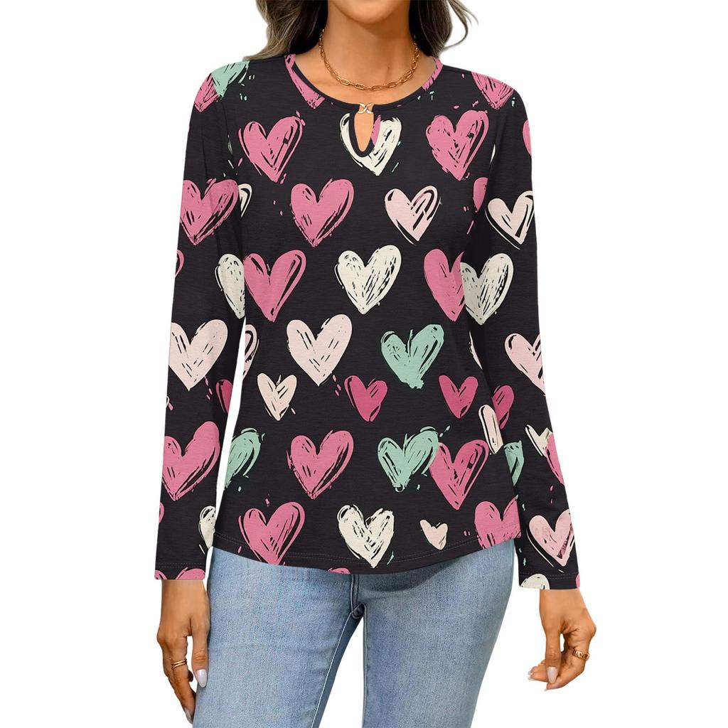 Damen Casual Rundhals Aushöhlung Langarm Valentinstag Herz-Print T-Shirt Top
