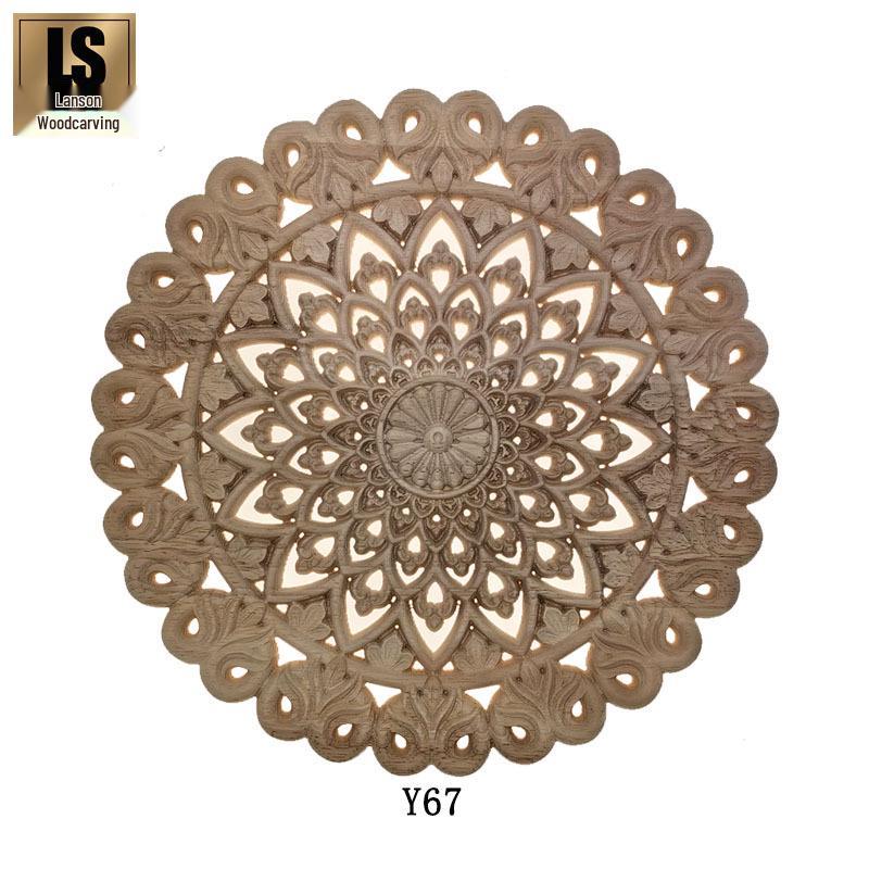European Style Solid Wood Veneer French Door Panel with Round Hollowed Flower Carving. 15x15 cm