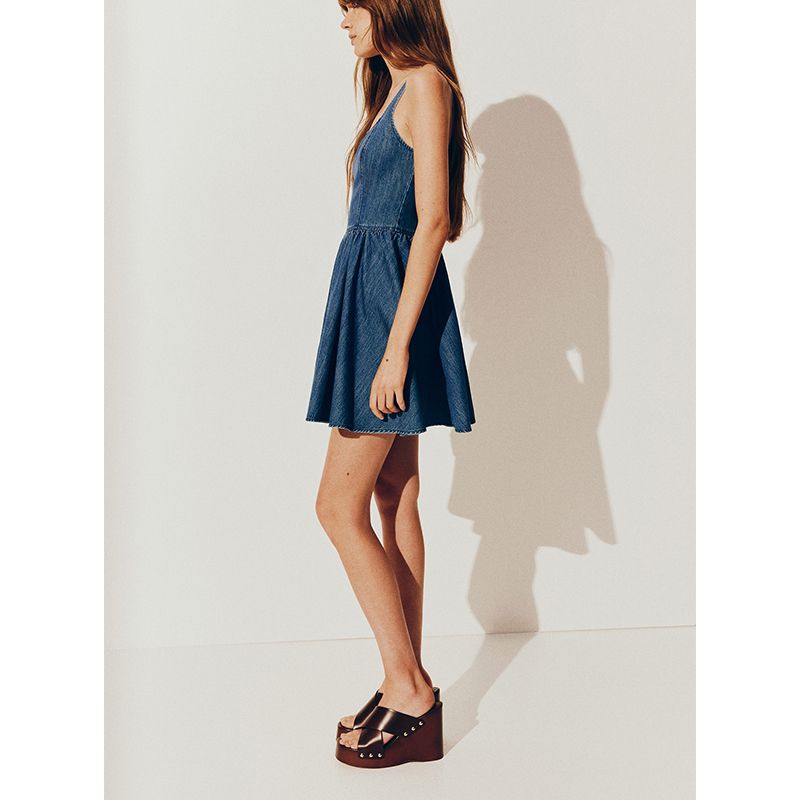 Summer New Product Women's Clothes Minimalist Square Low Collar Wide Shoulder Strap Flared Skirt Denim Dress 1283978