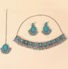 India Gemstone Necklace Earrings Front Chain Combination Set Metal Diamond Geometric Accessories Three-piece Set Jhumka