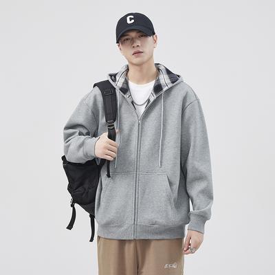 American Trendy Brand Heavy Plaid Hooded Cardigan Sweater Men'S Loose Zipper Shirt Autumn And Winter Flower Gray Jacket