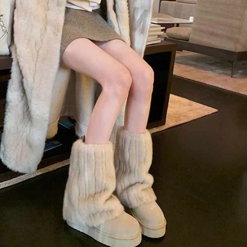 Women Vintage Ribbed Plush Leg Warmer Aesthetic Fuzzy Thickened Boot Gaiters Cuffs Solid Color Leg Covers Long Socks